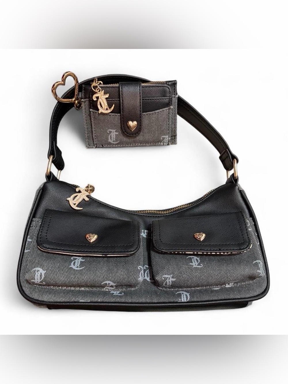 Juicy Couture Black & Gray Logo Shoulder Bag with Card Holder